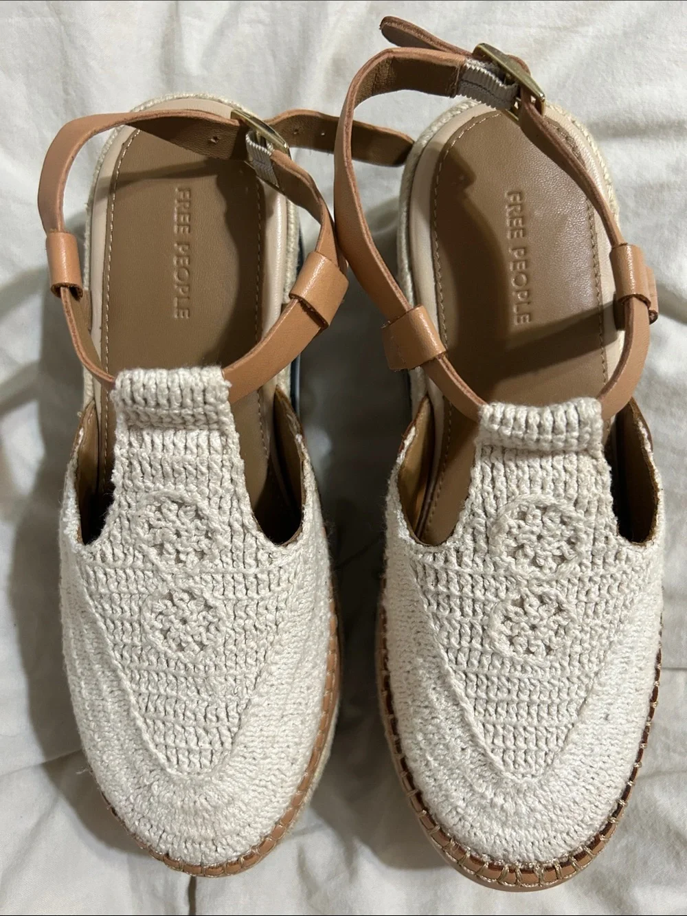 Free People Cream Crochet Platform Espadrille Sandals with Tan Straps